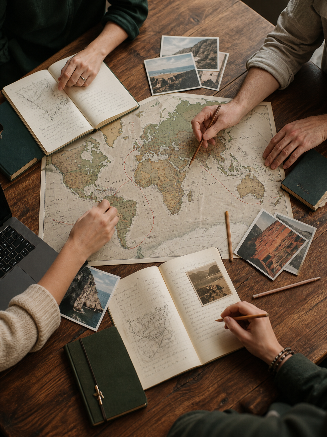 Travel planners collaborating around a table of maps and journey notes